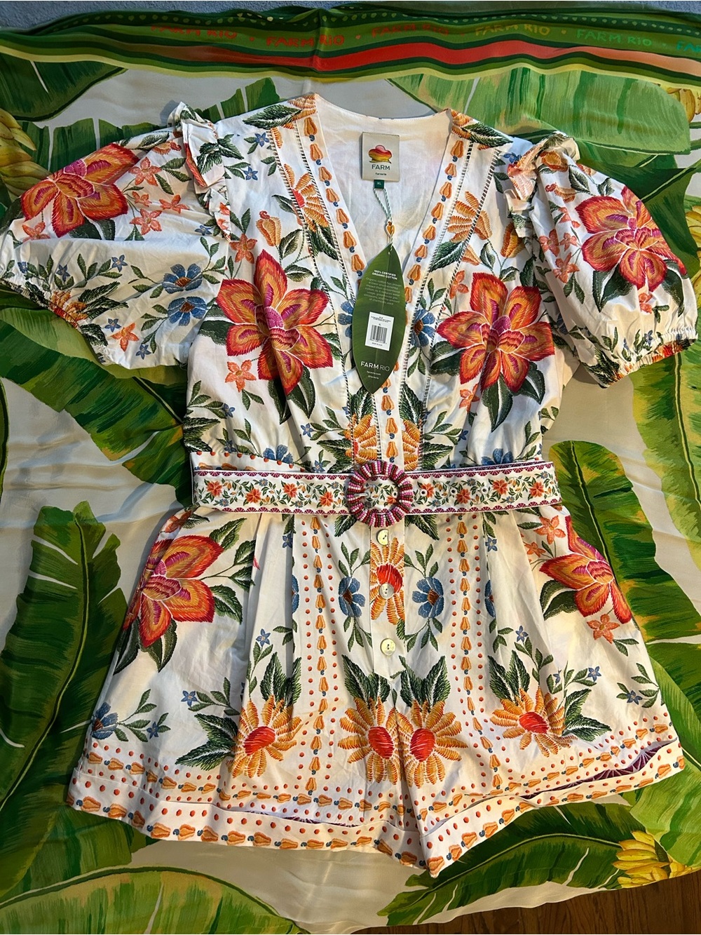 FARM Rio White Floral Romper with Beaded Belt